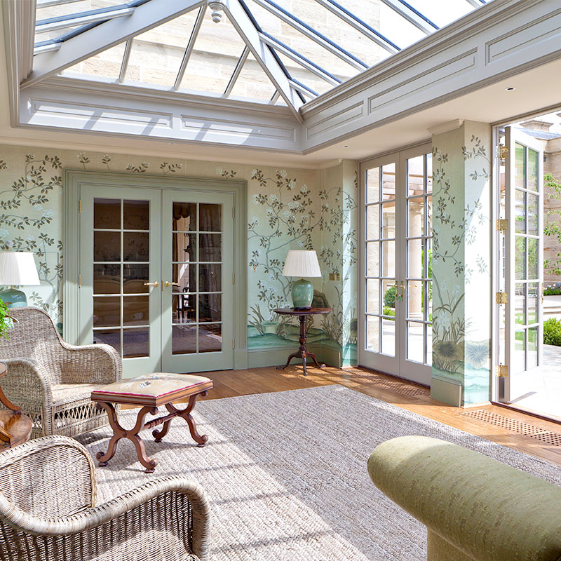 Sunroom with flower wallpaper