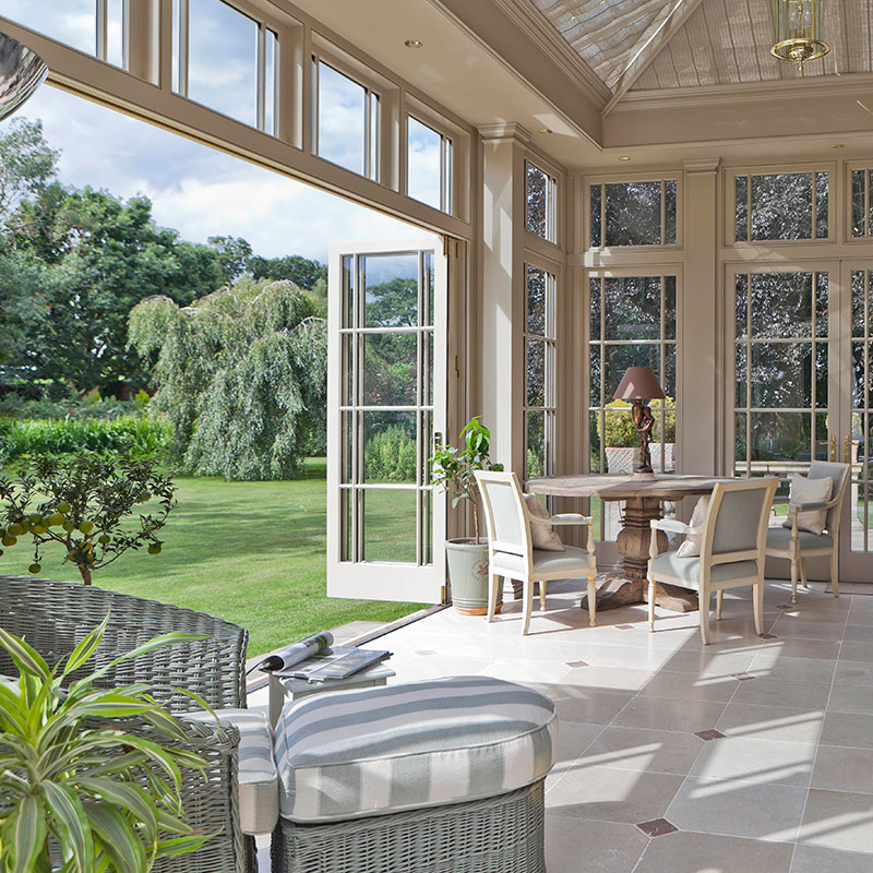 Sunroom with folding doors open