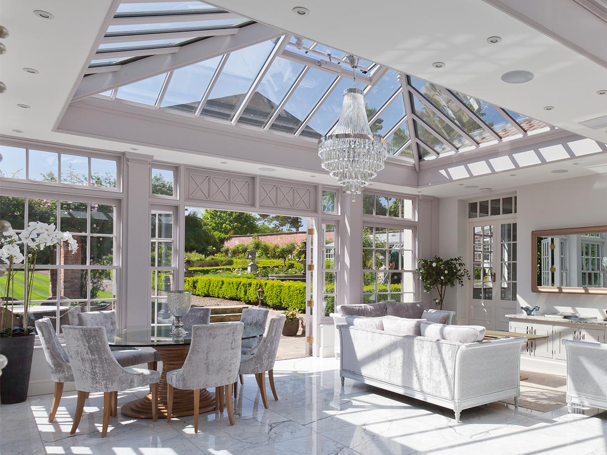 Internal view of an orangery with a glazed roof